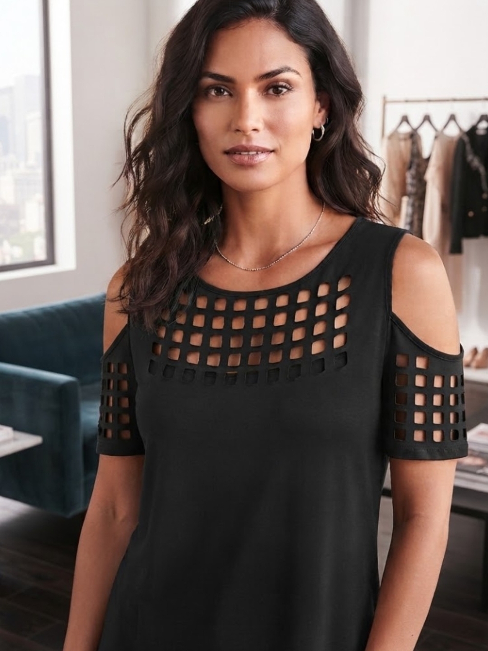 Black Cutout Lattice Short Sleeve Blouse L/XL 14-16